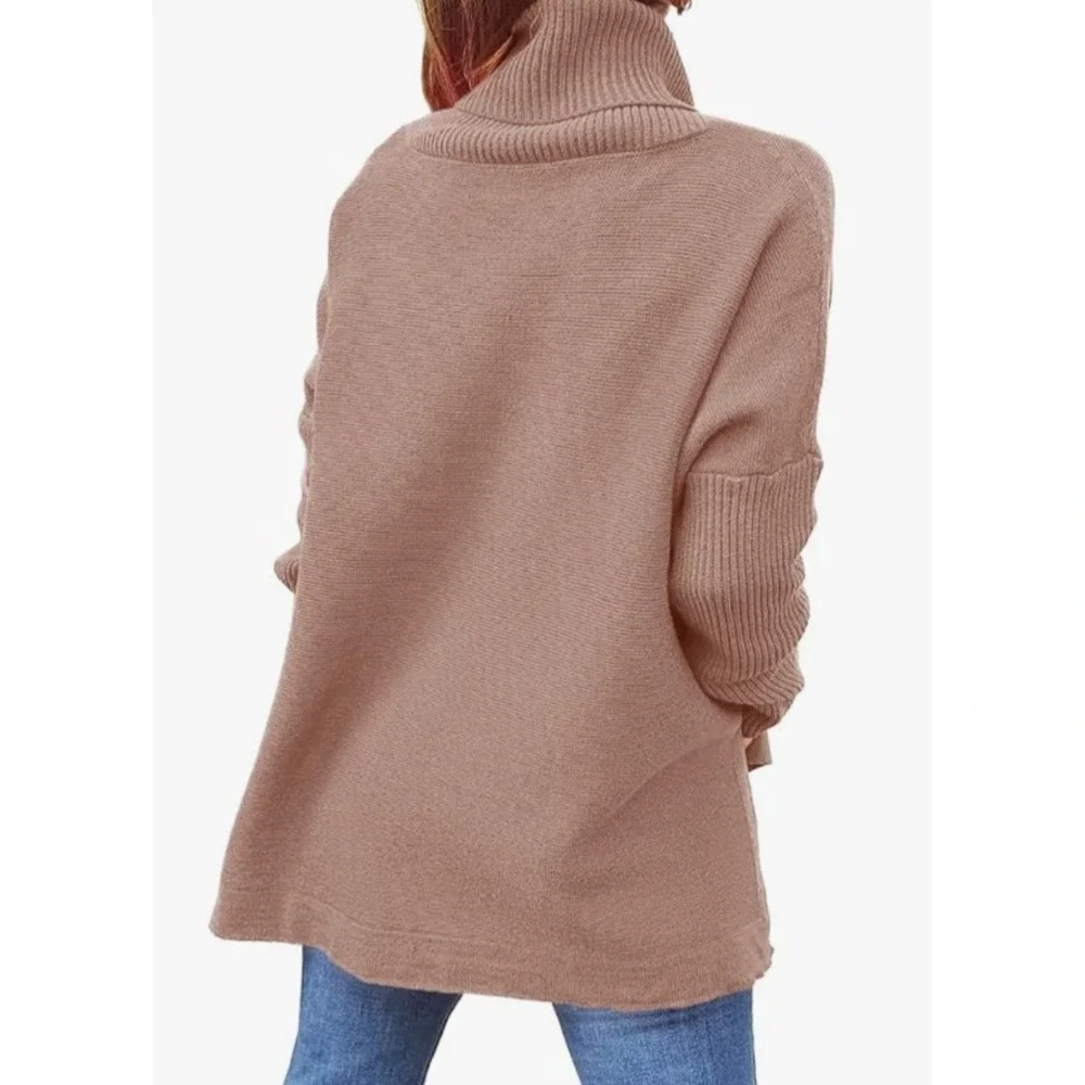 Womens Oversized‎ Turtleneck Sweater Medium Camel Asymmetric Hem Cozy Boho Chic